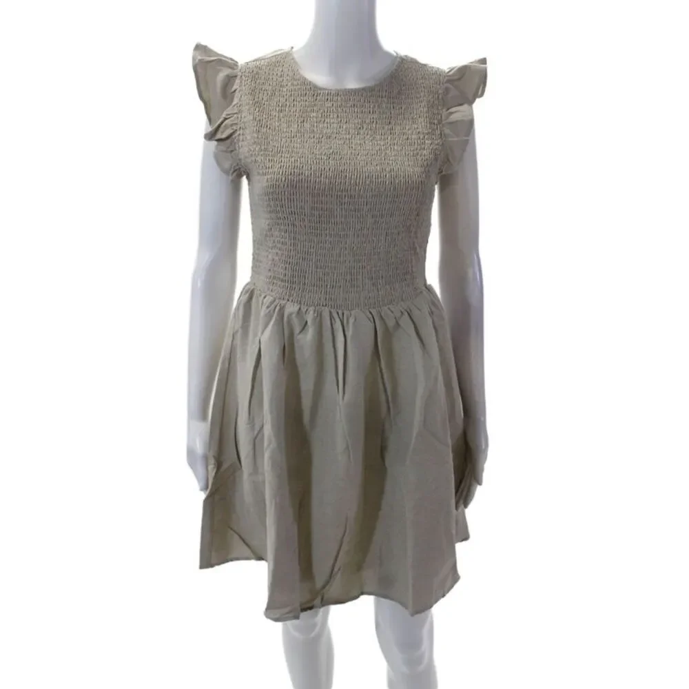 English Factory Women's Round Neck Smocked Ruffle Mini Dress Tan Size S